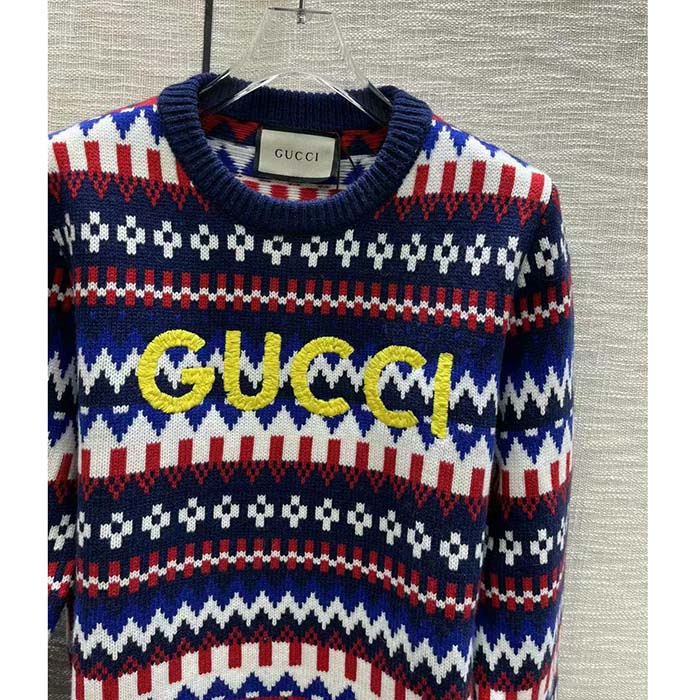 G*u*i men knit wool sweater G*u*i embroidery crewneck dropped shoulder rib style ‎763391 xkdox 4216