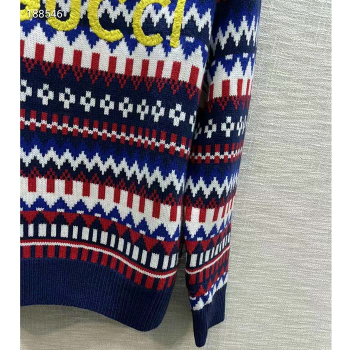 G*u*i men knit wool sweater G*u*i embroidery crewneck dropped shoulder rib style ‎763391 xkdox 4216