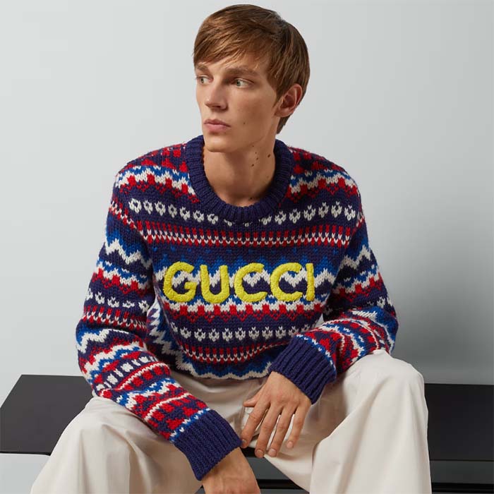 G*u*i men knit wool sweater G*u*i embroidery crewneck dropped shoulder rib style ‎763391 xkdox 4216