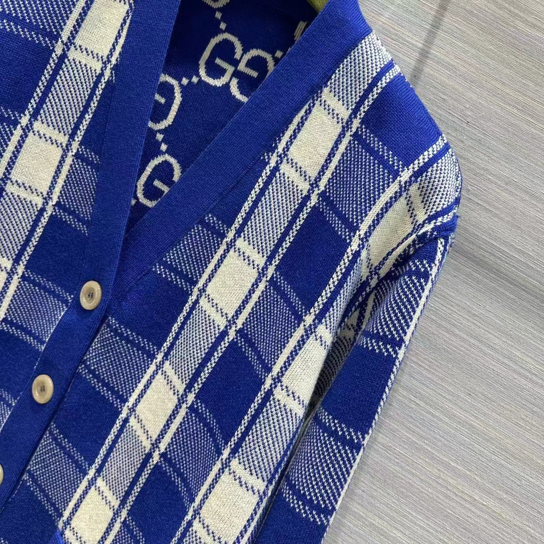 G*u*i men reversible checked wool cardigan v-neck dropped shoulder blue ivory maxi gg