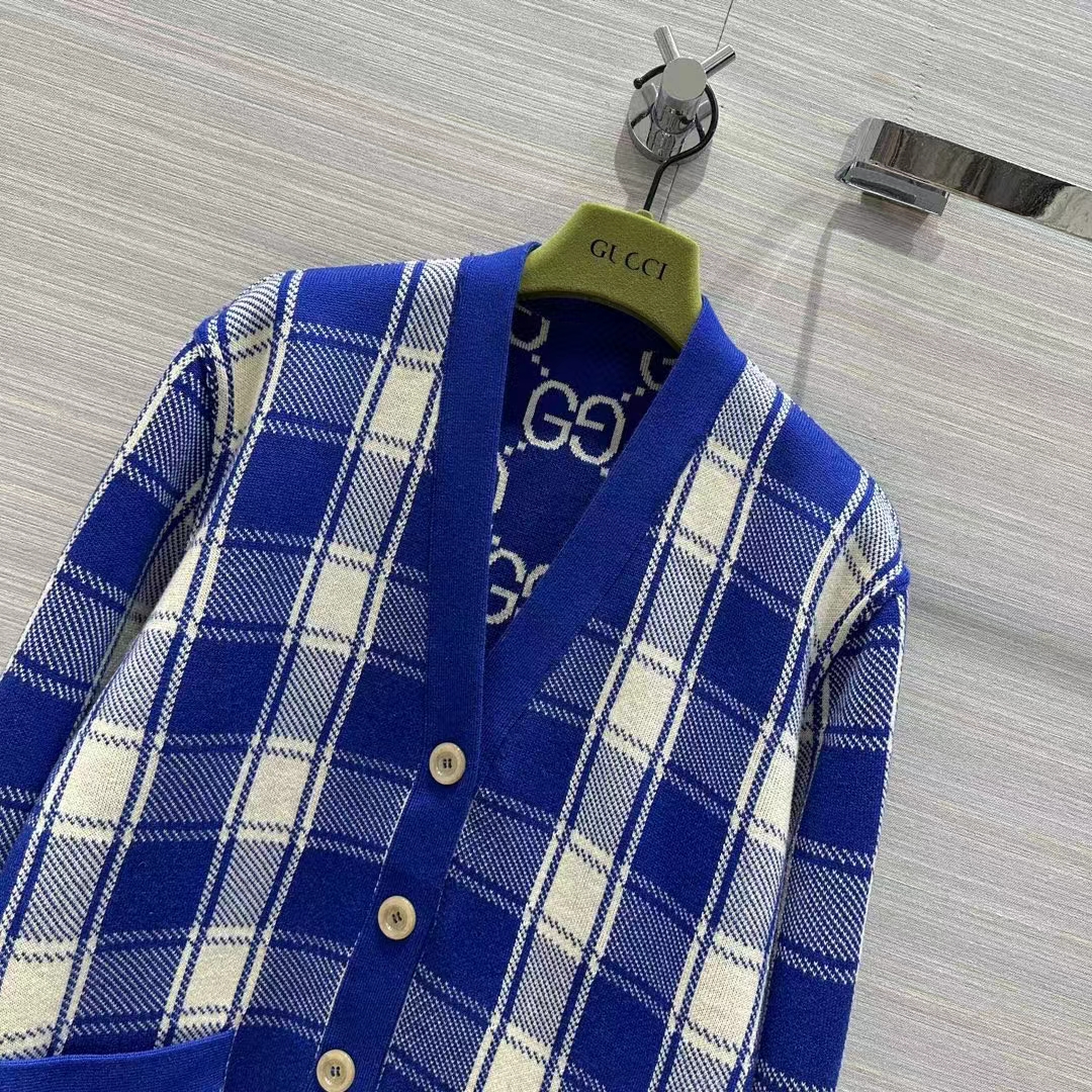 G*u*i men reversible checked wool cardigan v-neck dropped shoulder blue ivory maxi gg