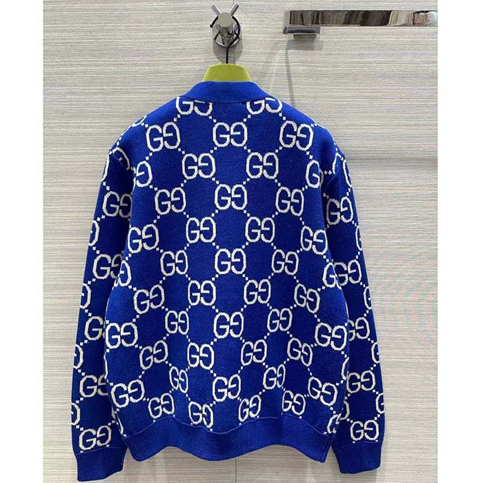 G*u*i men reversible checked wool cardigan v-neck dropped shoulder blue ivory maxi gg