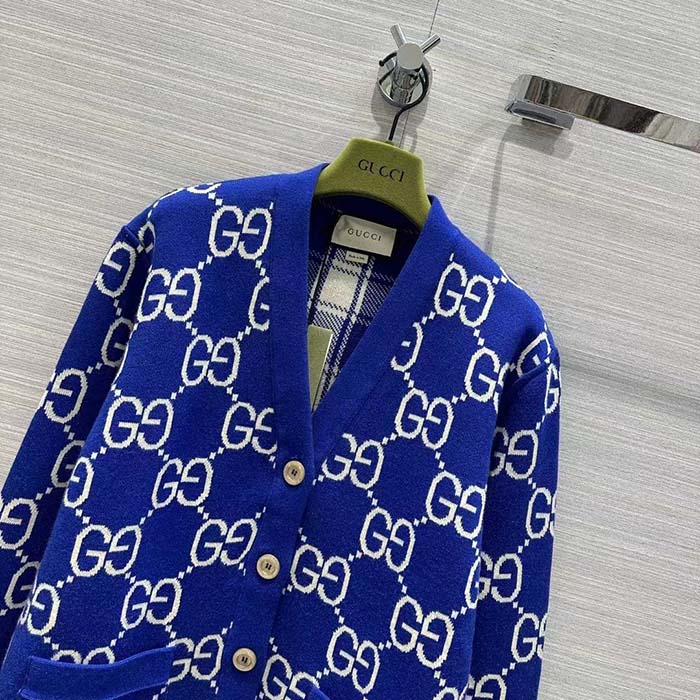 G*u*i men reversible checked wool cardigan v-neck dropped shoulder blue ivory maxi gg