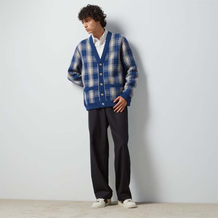 G*u*i men reversible checked wool cardigan v-neck dropped shoulder blue ivory maxi gg