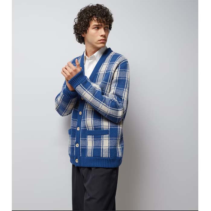G*u*i men reversible checked wool cardigan v-neck dropped shoulder blue ivory maxi gg