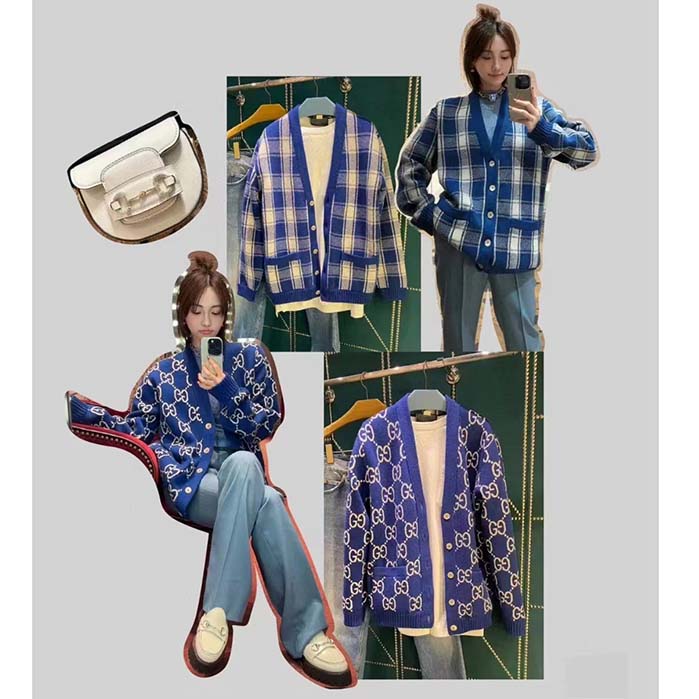 G*u*i women reversible checked wool cardigan v-neck dropped shoulder blue ivory maxi gg