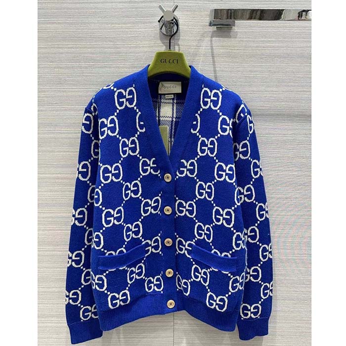 G*u*i men reversible checked wool cardigan v-neck dropped shoulder blue ivory maxi gg