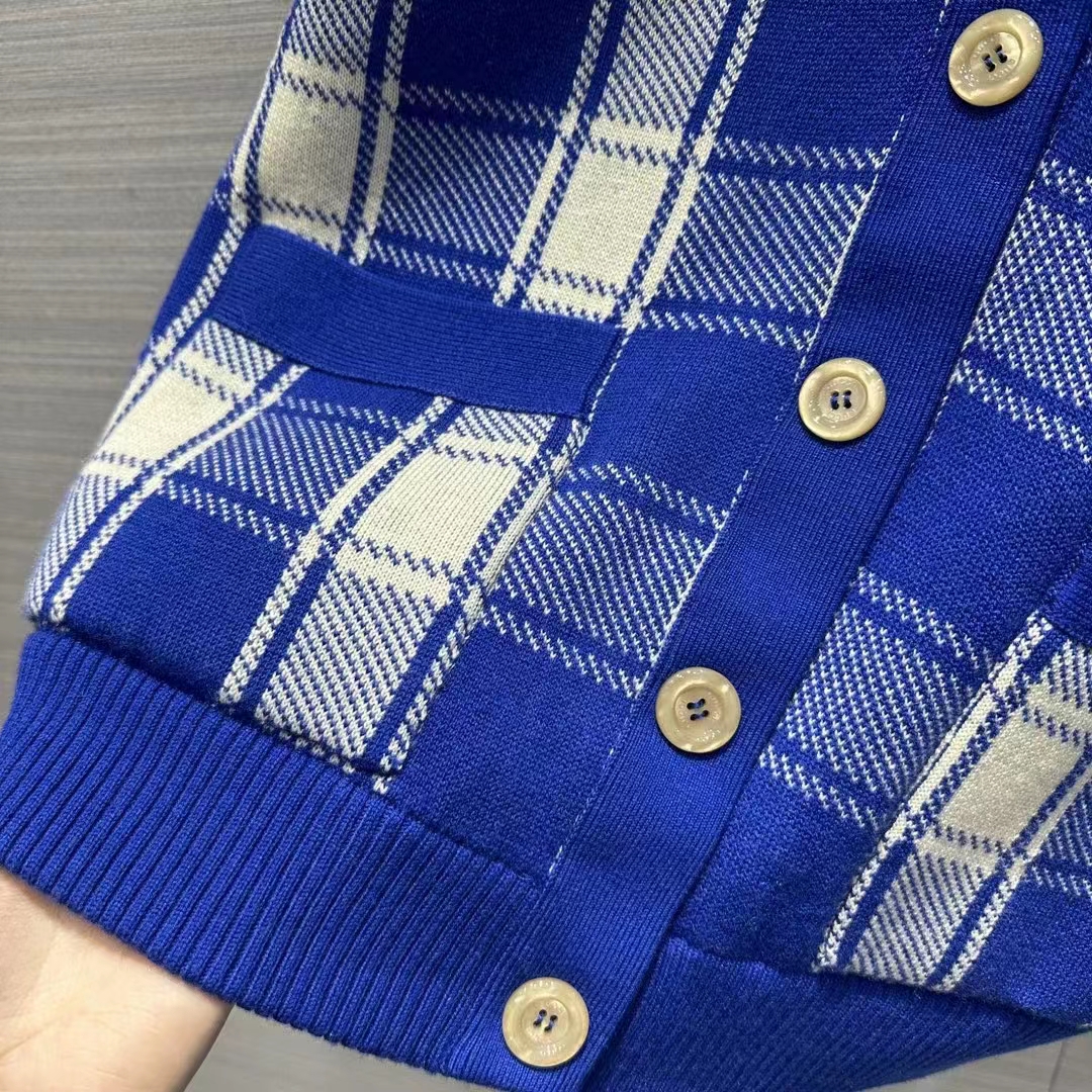 G*u*i men reversible checked wool cardigan v-neck dropped shoulder blue ivory maxi gg