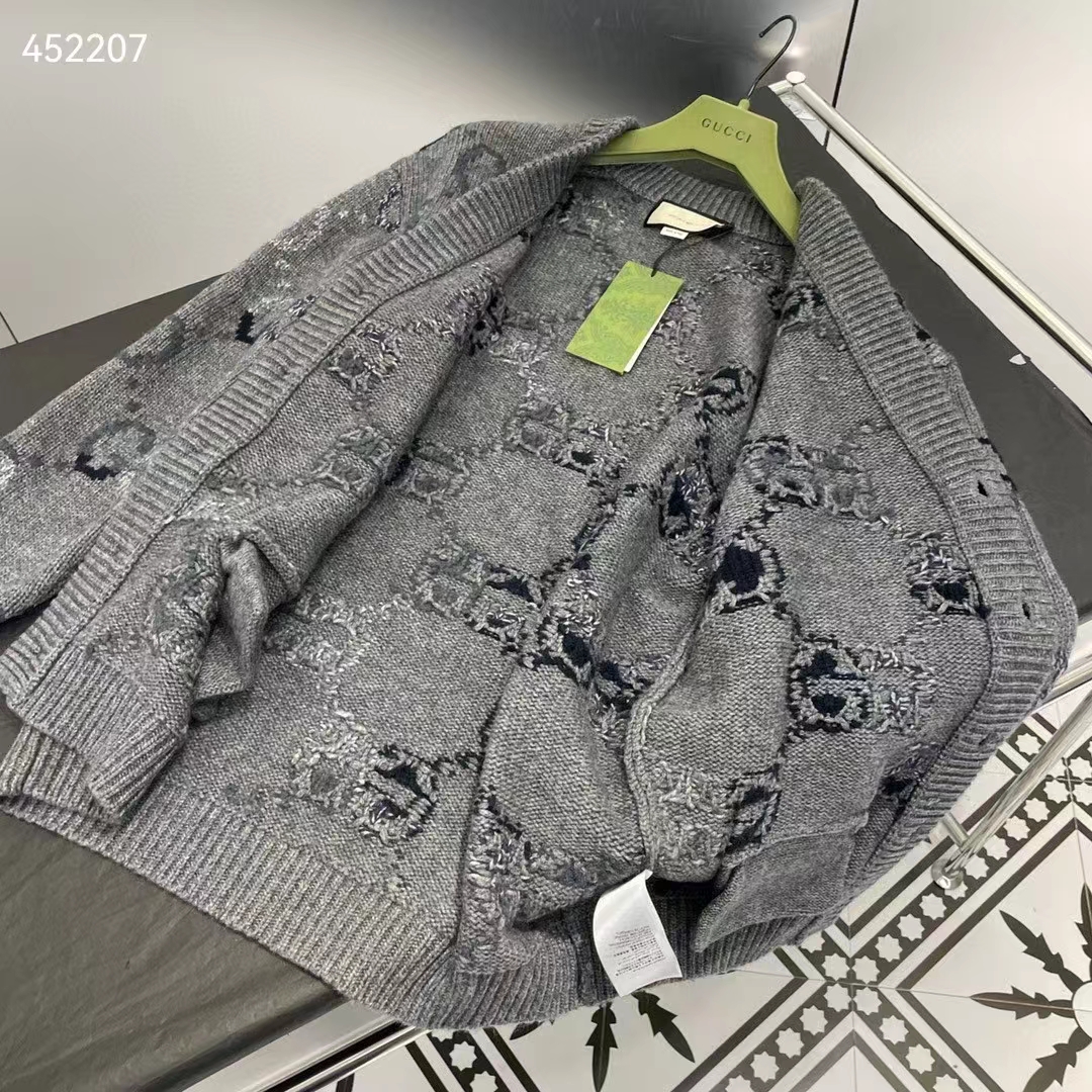 G*u*i women wool cardigan gg intarsia grey allover v-neck dropped shoulder long sleeves style ‎770507 xkdsj 1128