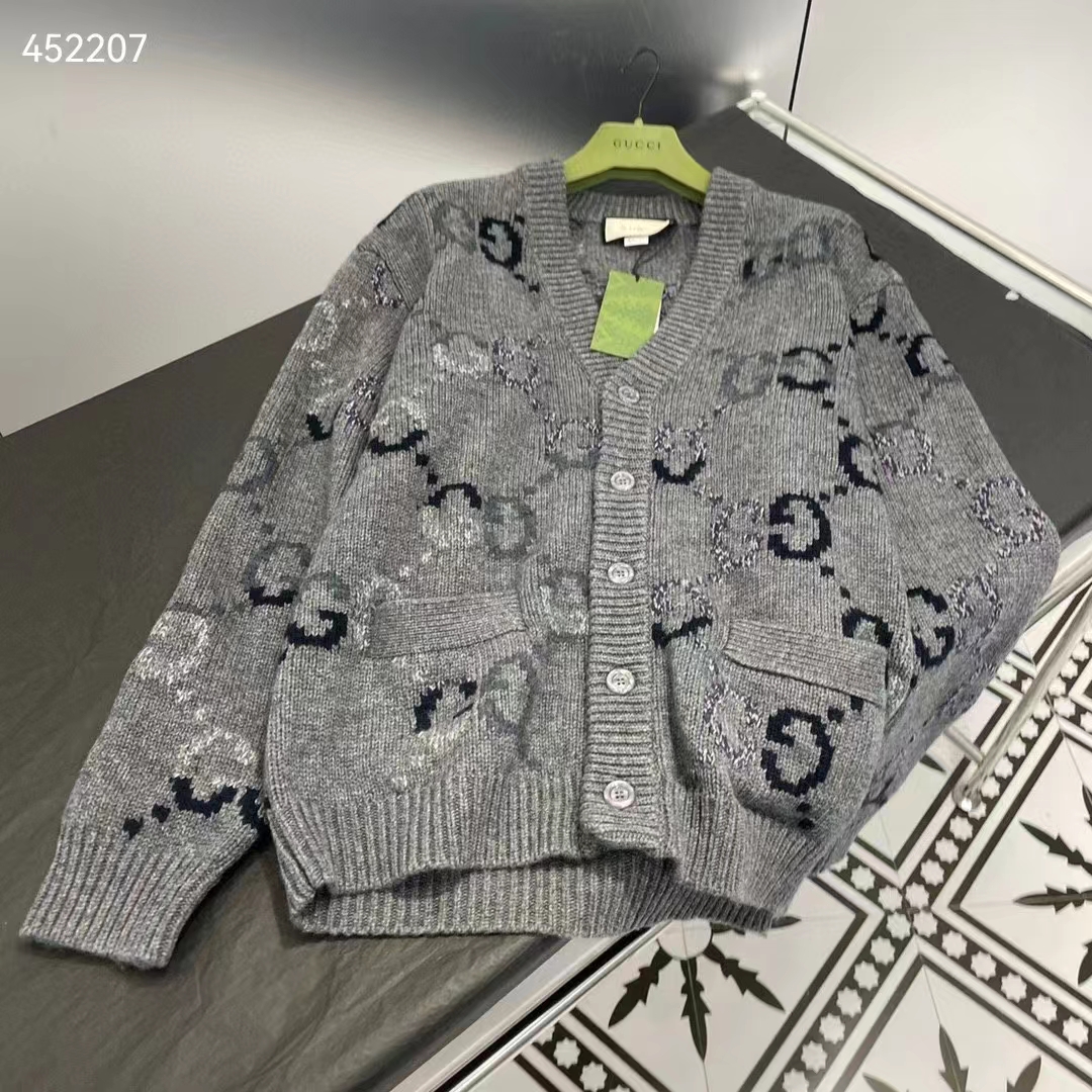G*u*i women wool cardigan gg intarsia grey allover v-neck dropped shoulder long sleeves style ‎770507 xkdsj 1128