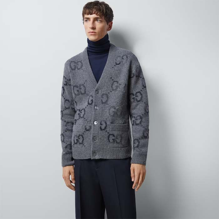 G*u*i men wool cardigan gg intarsia grey allover v-neck dropped shoulder long sleeves style ‎770507 xkdsj 1128