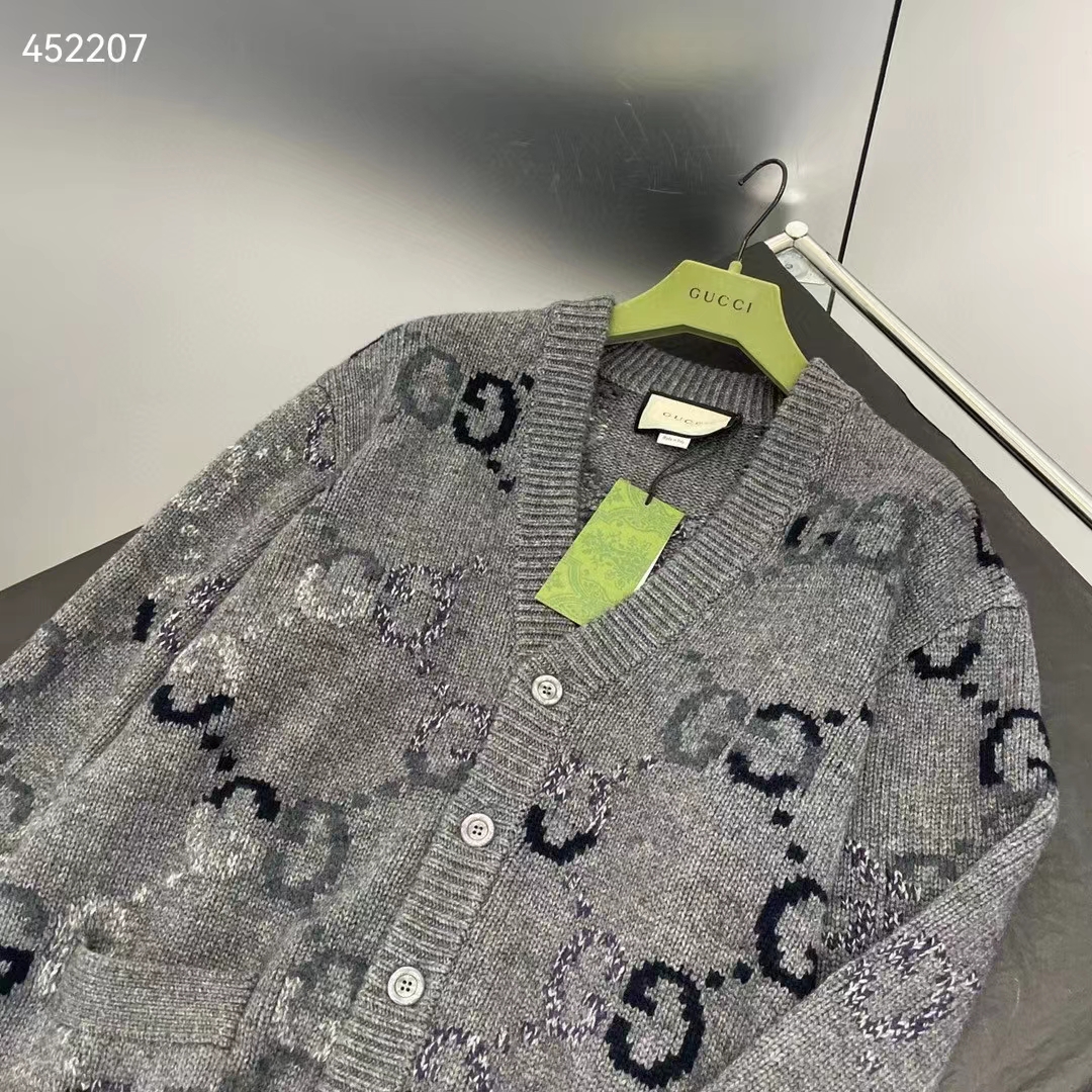 G*u*i women wool cardigan gg intarsia grey allover v-neck dropped shoulder long sleeves style ‎770507 xkdsj 1128