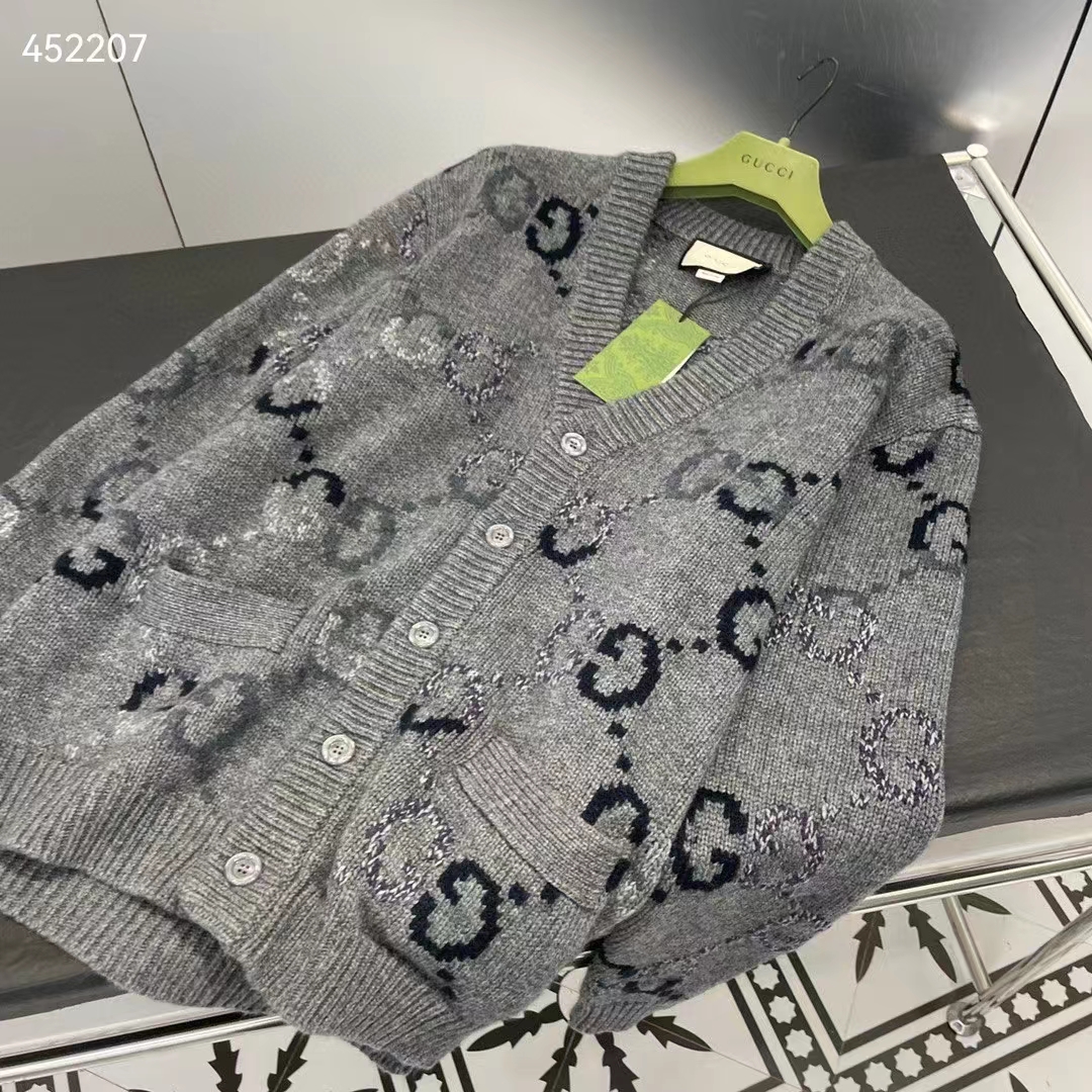 G*u*i women wool cardigan gg intarsia grey allover v-neck dropped shoulder long sleeves style ‎770507 xkdsj 1128