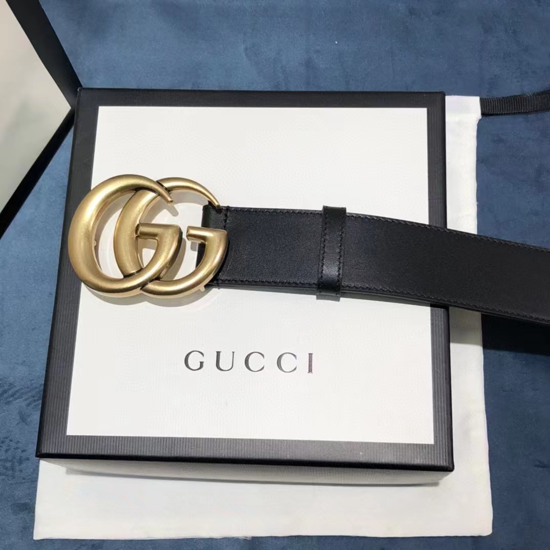 G*u*i unisex gg 2015 re-edition wide leather belt black smooth leather 3.8 cm belt width