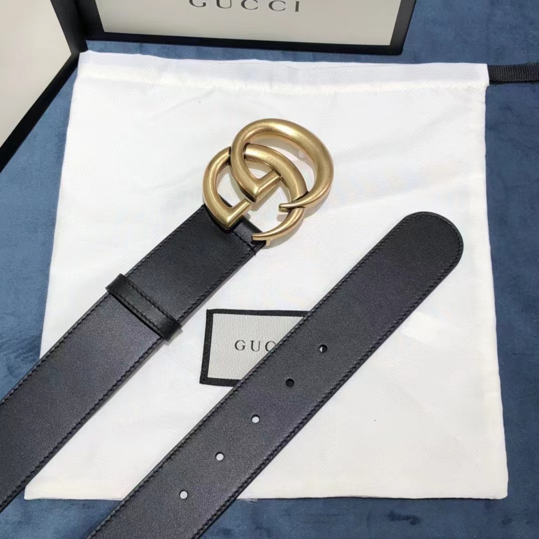 G*u*i unisex gg 2015 re-edition wide leather belt black smooth leather 3.8 cm belt width