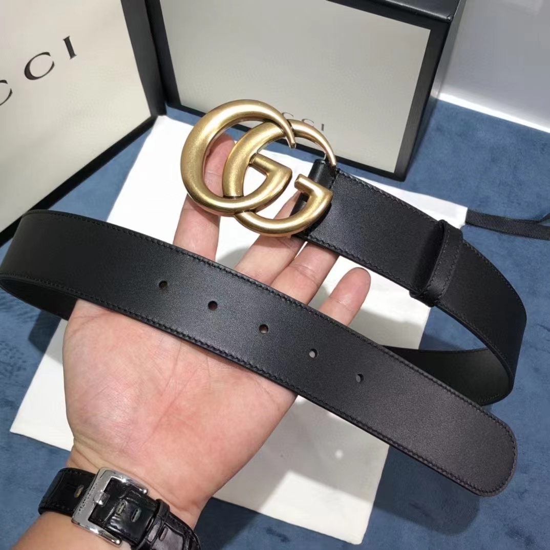 G*u*i unisex gg 2015 re-edition wide leather belt black smooth leather 3.8 cm belt width