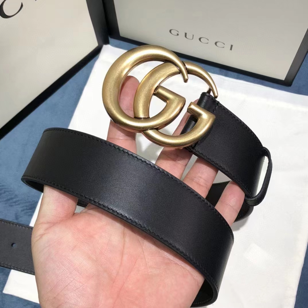 G*u*i unisex gg 2015 re-edition wide leather belt black smooth leather 3.8 cm belt width
