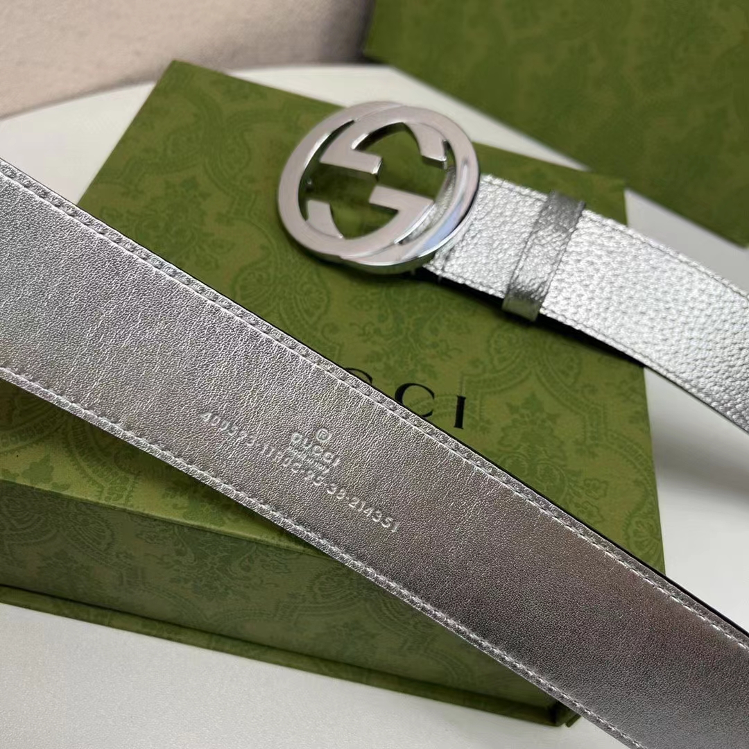 G*u*i unisex gg interlocking g buckle wide belt silver leather 4.6 cm belt