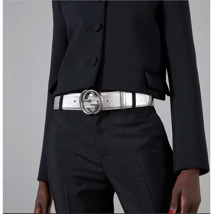 G*u*i unisex gg interlocking g buckle wide belt silver leather 4.6 cm belt