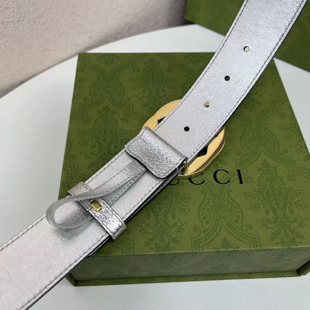 G*u*i unisex gg interlocking g buckle wide belt silver leather 4.6 cm belt