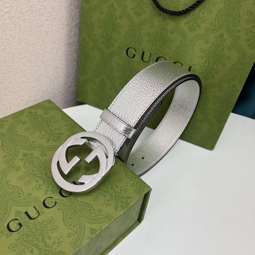 G*u*i unisex gg interlocking g buckle wide belt silver leather 4.6 cm belt