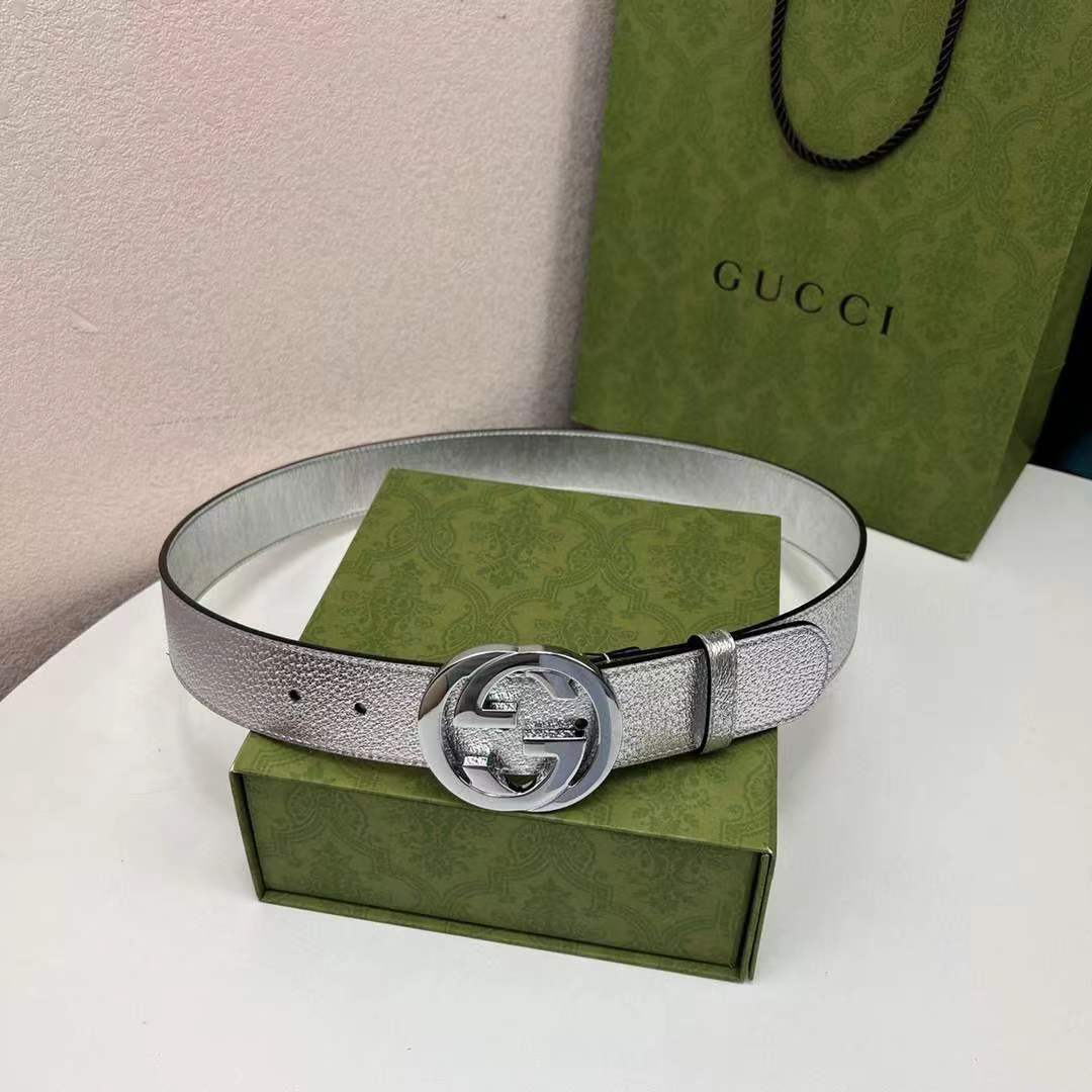 G*u*i unisex gg interlocking g buckle wide belt silver leather 4.6 cm belt