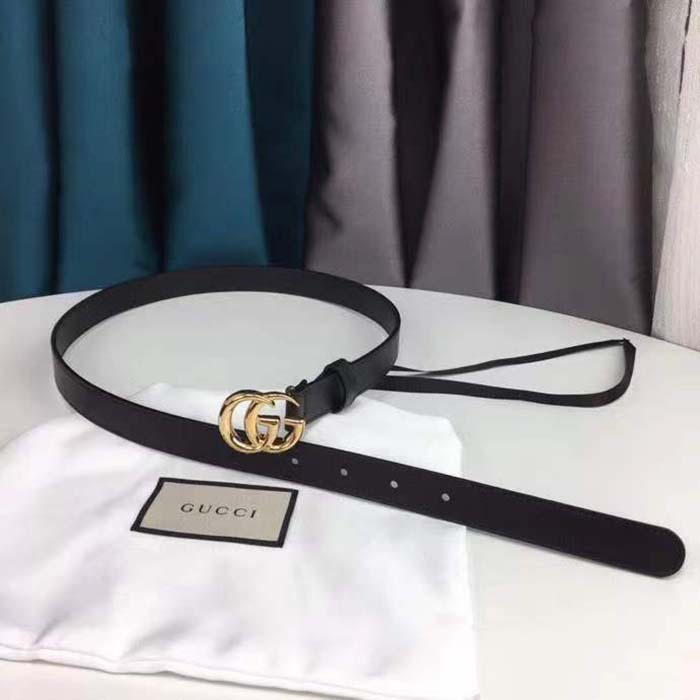 G*u*i unisex gg marmont thin leather belt shiny double g buckle black leather 2 cm width