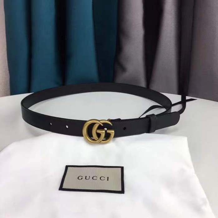 G*u*i unisex gg marmont thin leather belt shiny double g buckle black leather 2 cm width