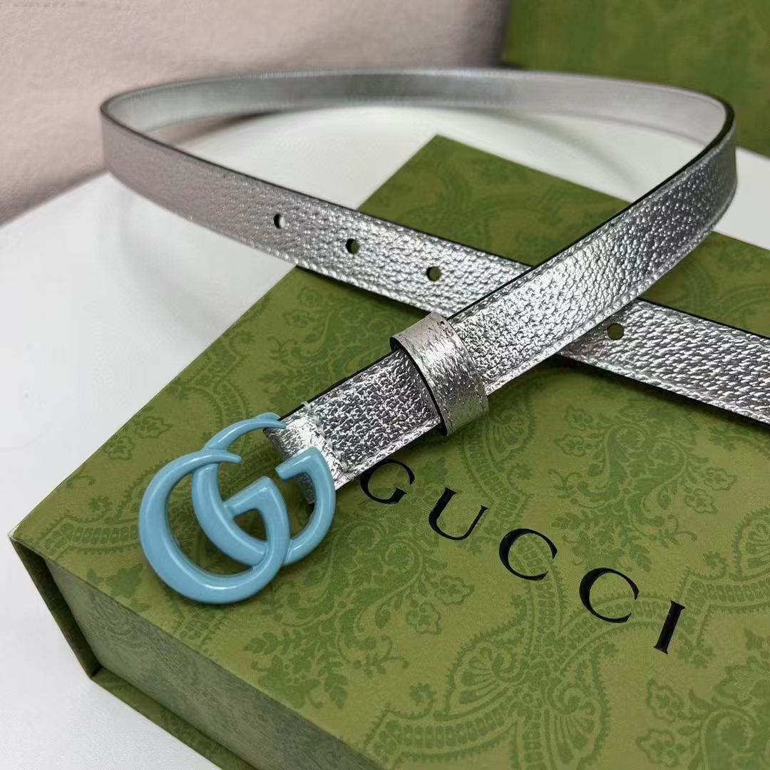 G*u*i unisex gg marmont thin belt silver lamé leather double g buckle 2 cm width