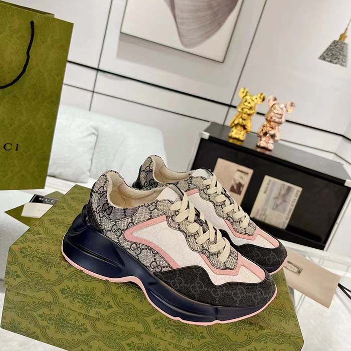 G*u*i unisex gg rhyton sneaker beige blue gg supreme canvas rubber sole mid-heel