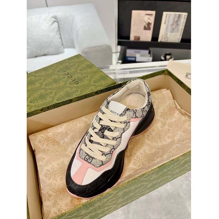 G*u*i unisex gg rhyton sneaker beige blue gg supreme canvas rubber sole mid-heel