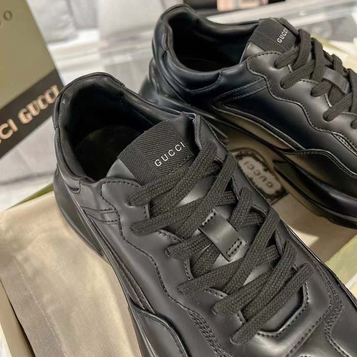 G*u*i unisex gg rhyton sneaker black leather rubber sole lace-up mid-heel