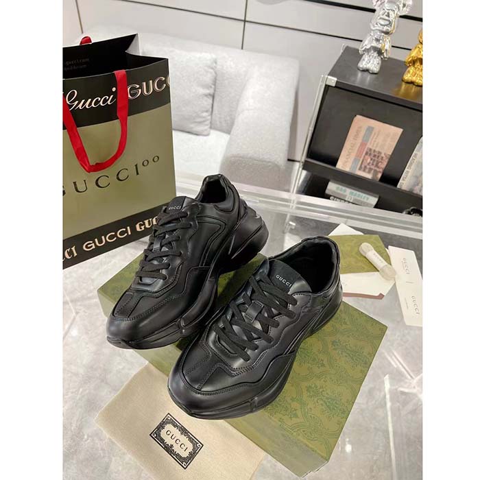 G*u*i unisex gg rhyton sneaker black leather rubber sole lace-up mid-heel