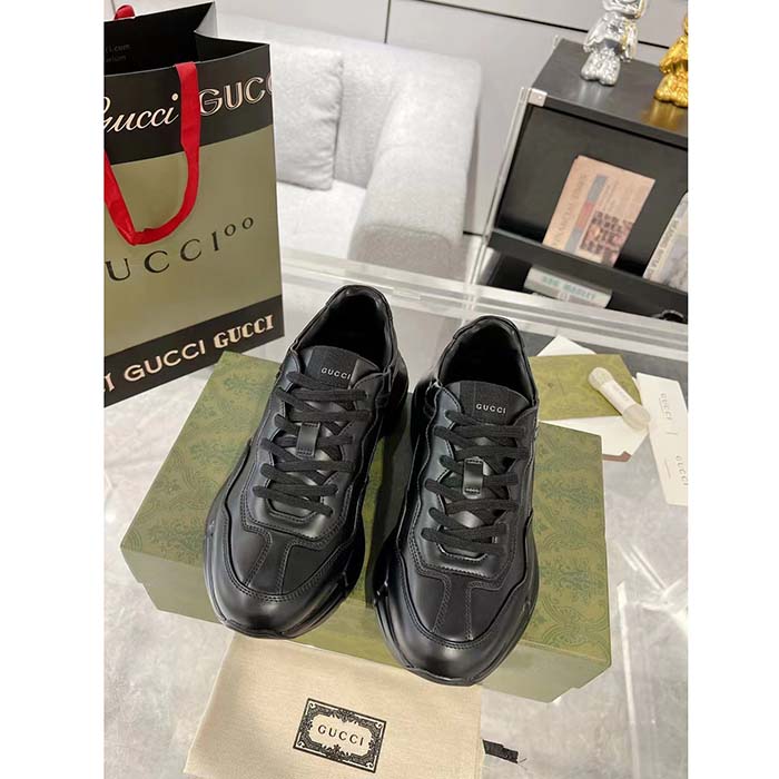 G*u*i unisex gg rhyton sneaker black leather rubber sole lace-up mid-heel