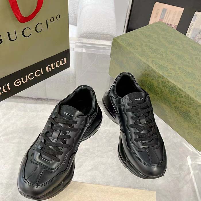 G*u*i unisex gg rhyton sneaker black leather rubber sole lace-up mid-heel