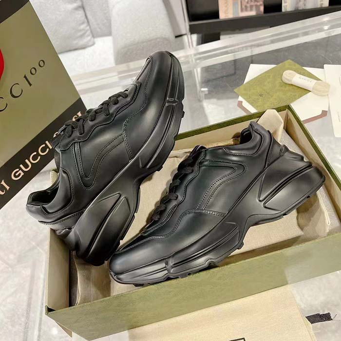 G*u*i unisex gg rhyton sneaker black leather rubber sole lace-up mid-heel