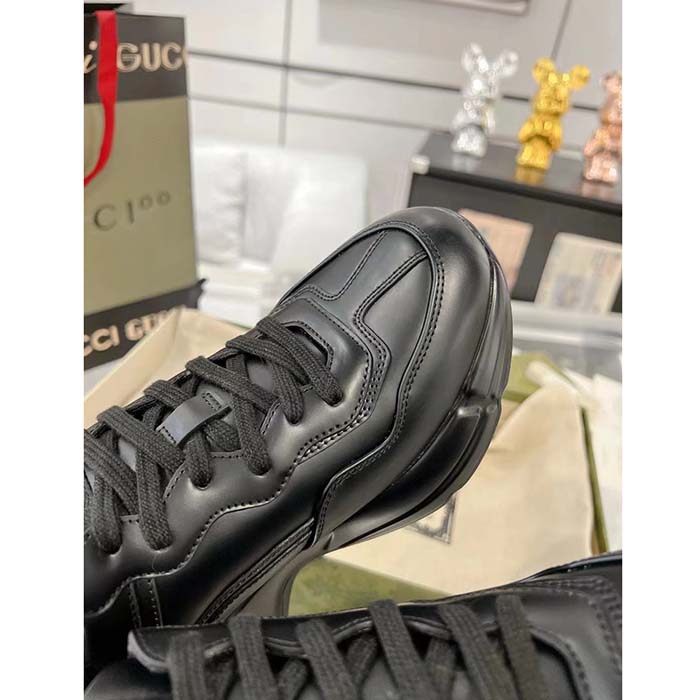 G*u*i unisex gg rhyton sneaker black leather rubber sole lace-up mid-heel