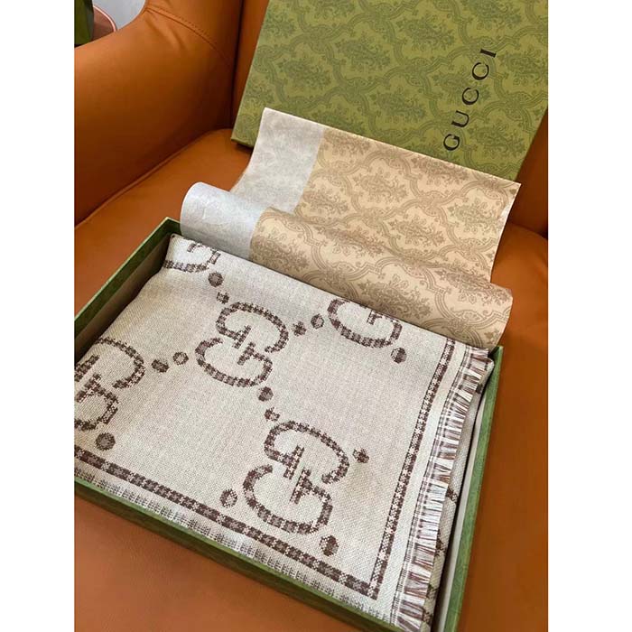 G*u*i unisex gg wool jacquard scarf ivory beige houndstooth fringe trim