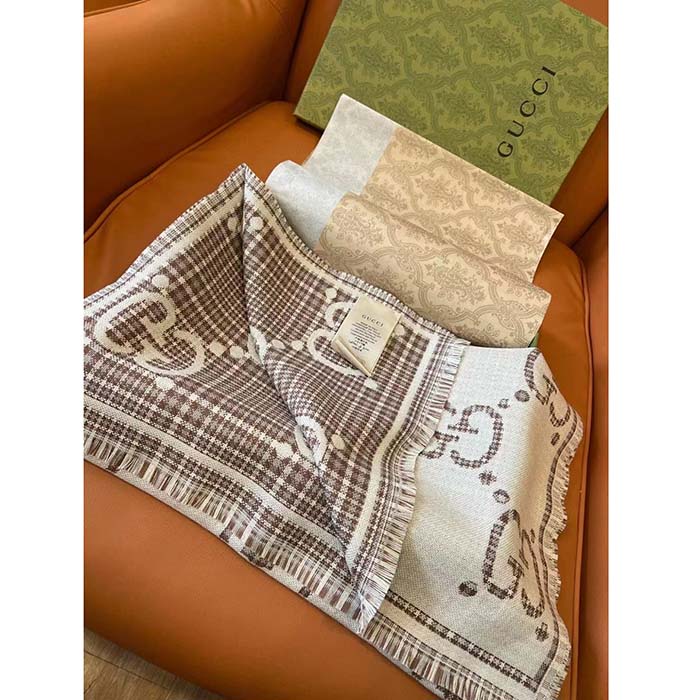 G*u*i unisex gg wool jacquard scarf ivory beige houndstooth fringe trim