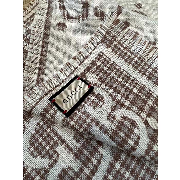 G*u*i unisex gg wool jacquard scarf ivory beige houndstooth fringe trim