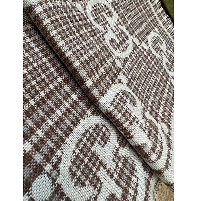 G*u*i unisex gg wool jacquard scarf ivory beige houndstooth fringe trim