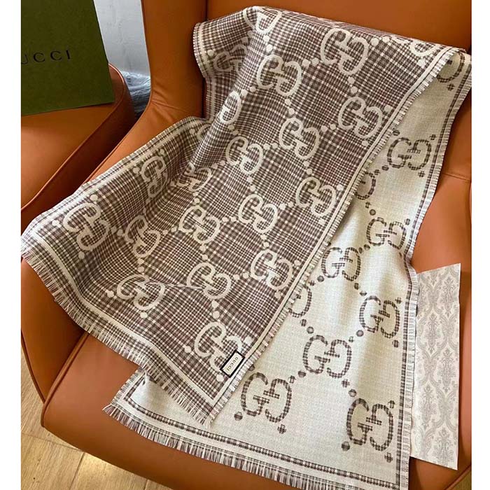 G*u*i unisex gg wool jacquard scarf ivory beige houndstooth fringe trim