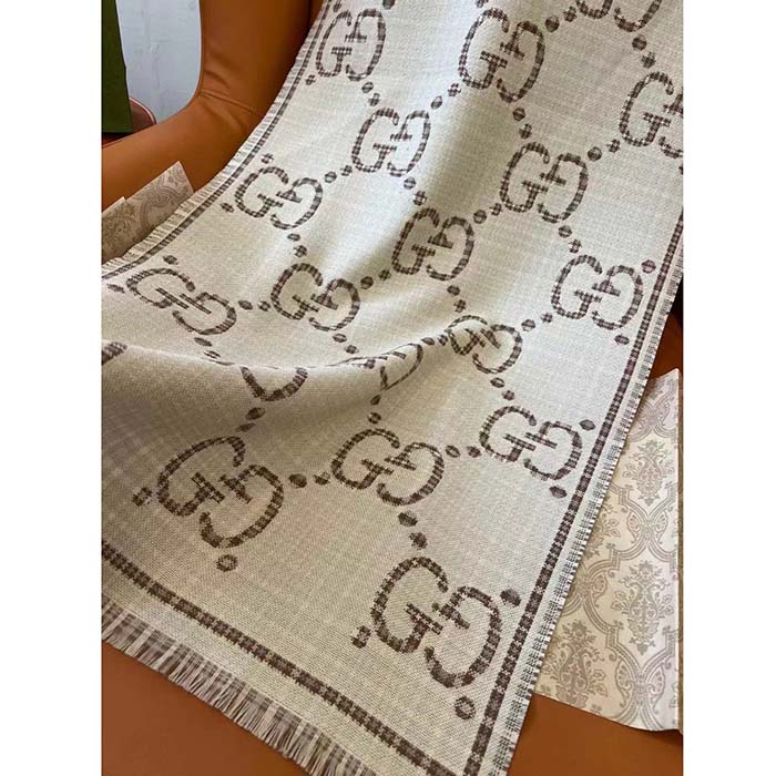 G*u*i unisex gg wool jacquard scarf ivory beige houndstooth fringe trim