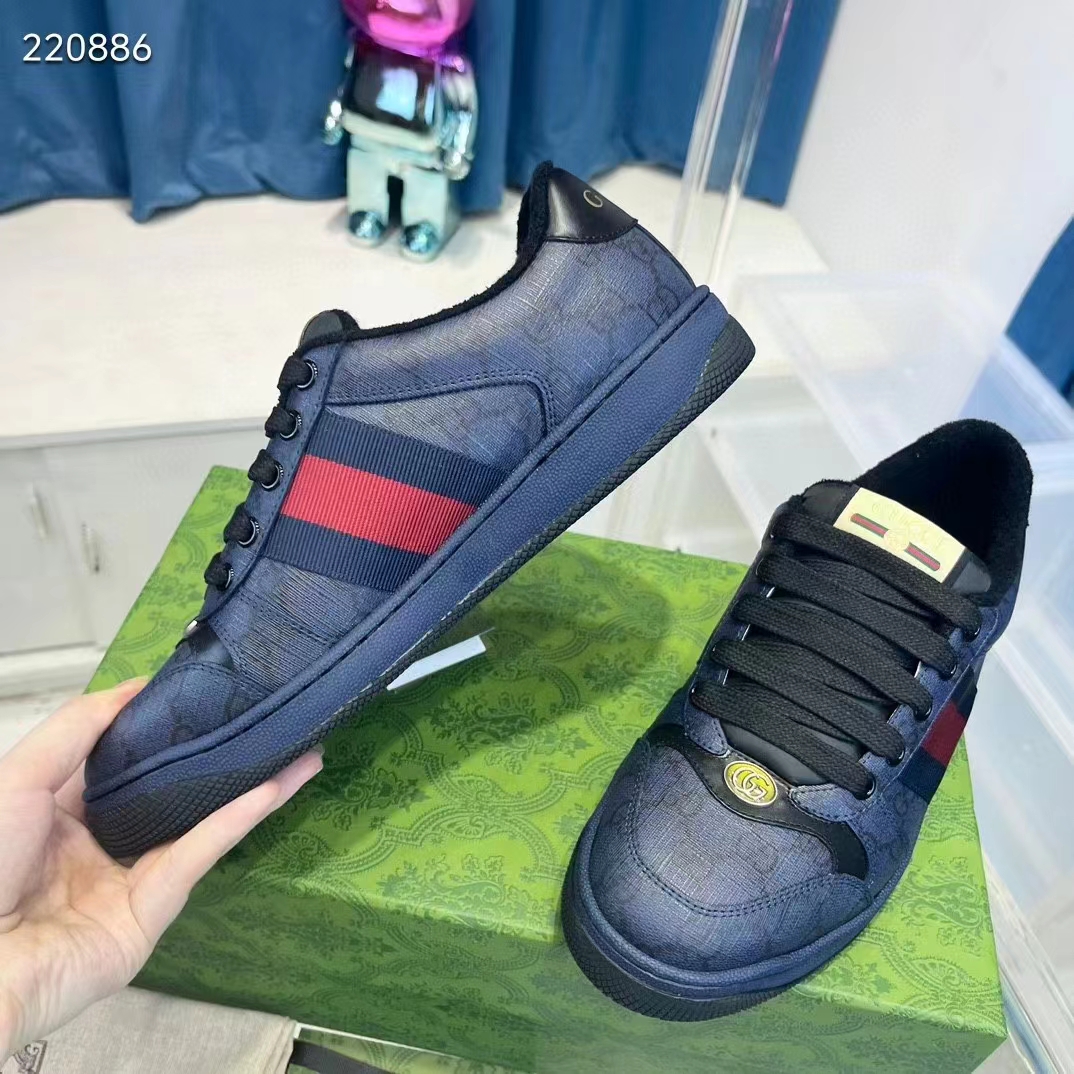 G*u*i unisex screener sneaker dark blue gg supreme canvas rubber sole low heel style ‎763525 facmi 8443