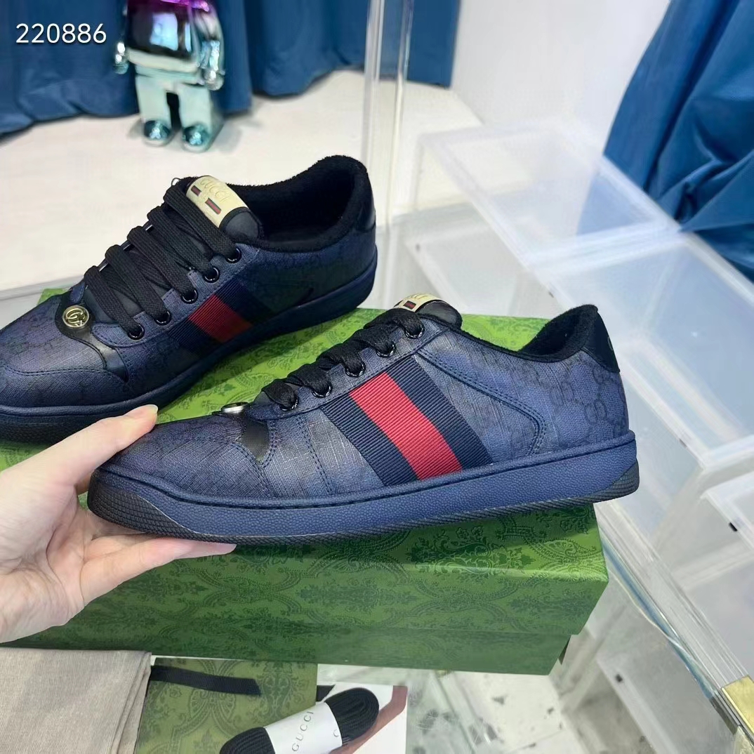 G*u*i unisex screener sneaker dark blue gg supreme canvas rubber sole low heel style ‎763525 facmi 8443