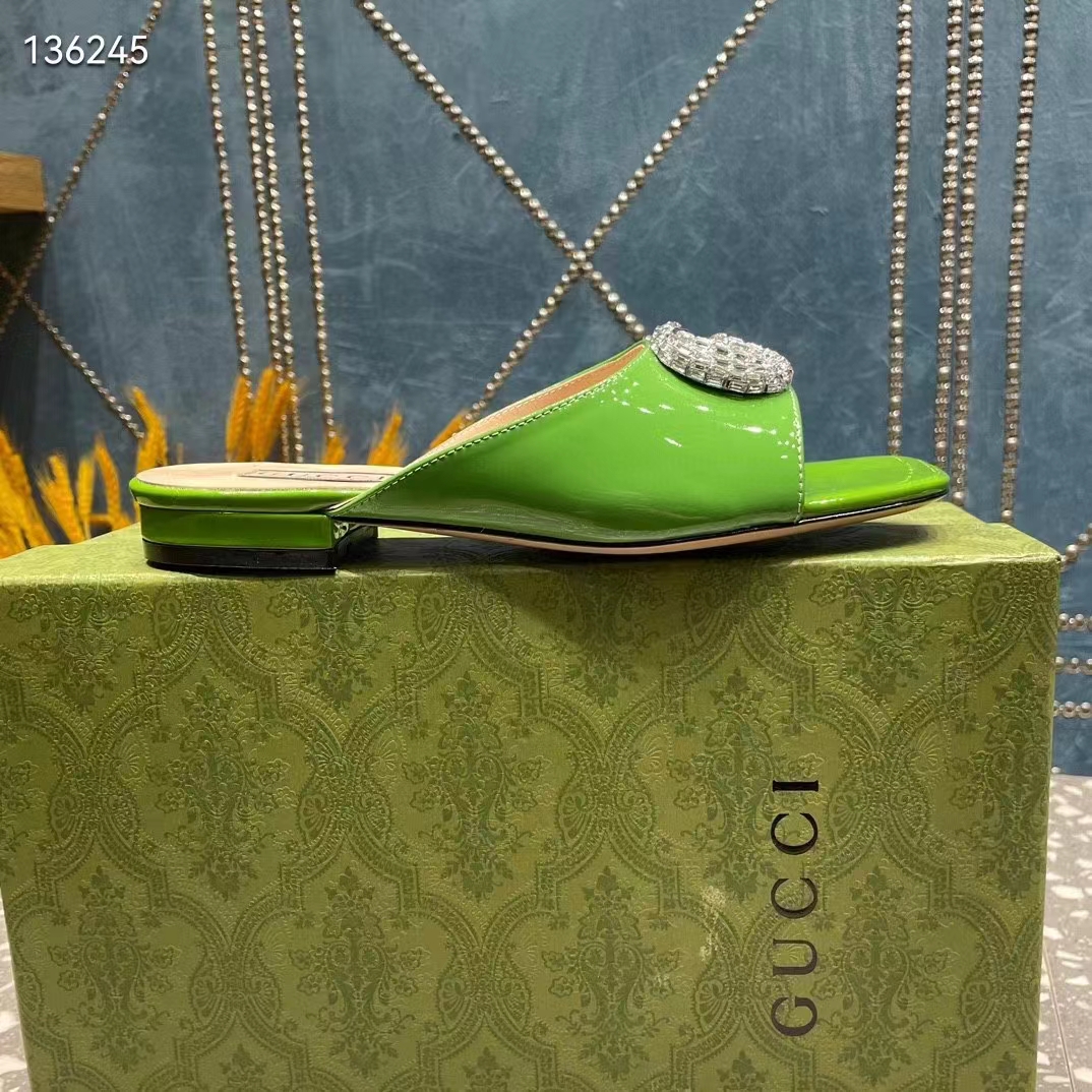 G*u*i women gg double g slide sandal green patent leather crystals leather sole flat style ‎771586 bnc00 3727