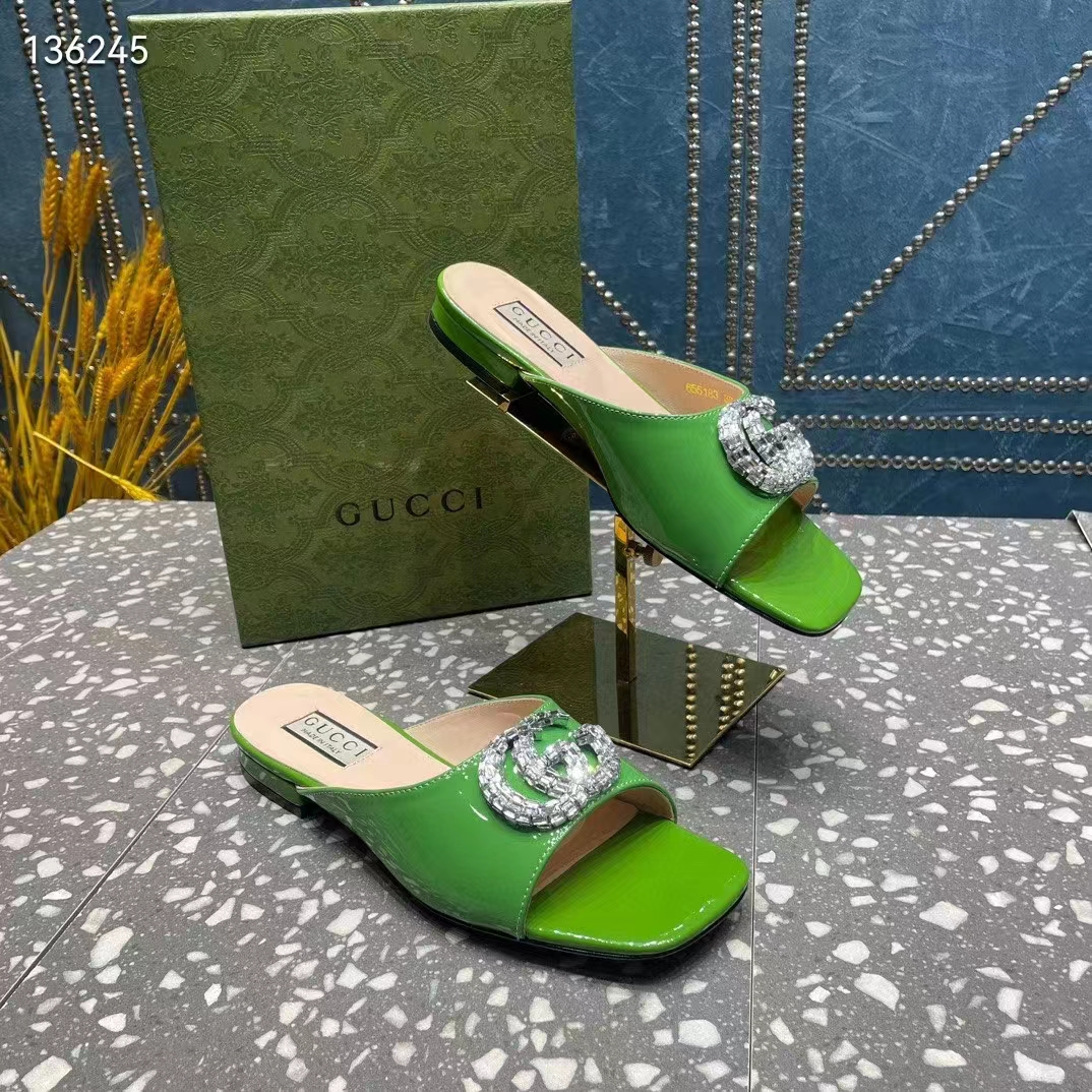 G*u*i women gg double g slide sandal green patent leather crystals leather sole flat style ‎771586 bnc00 3727