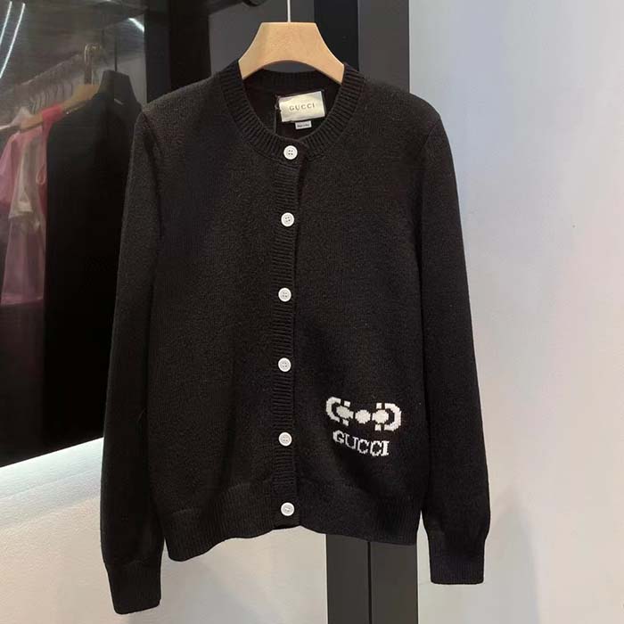 G*u*i women gg extra fine wool cardigan black horsebit intarsia v-neck two front pockets