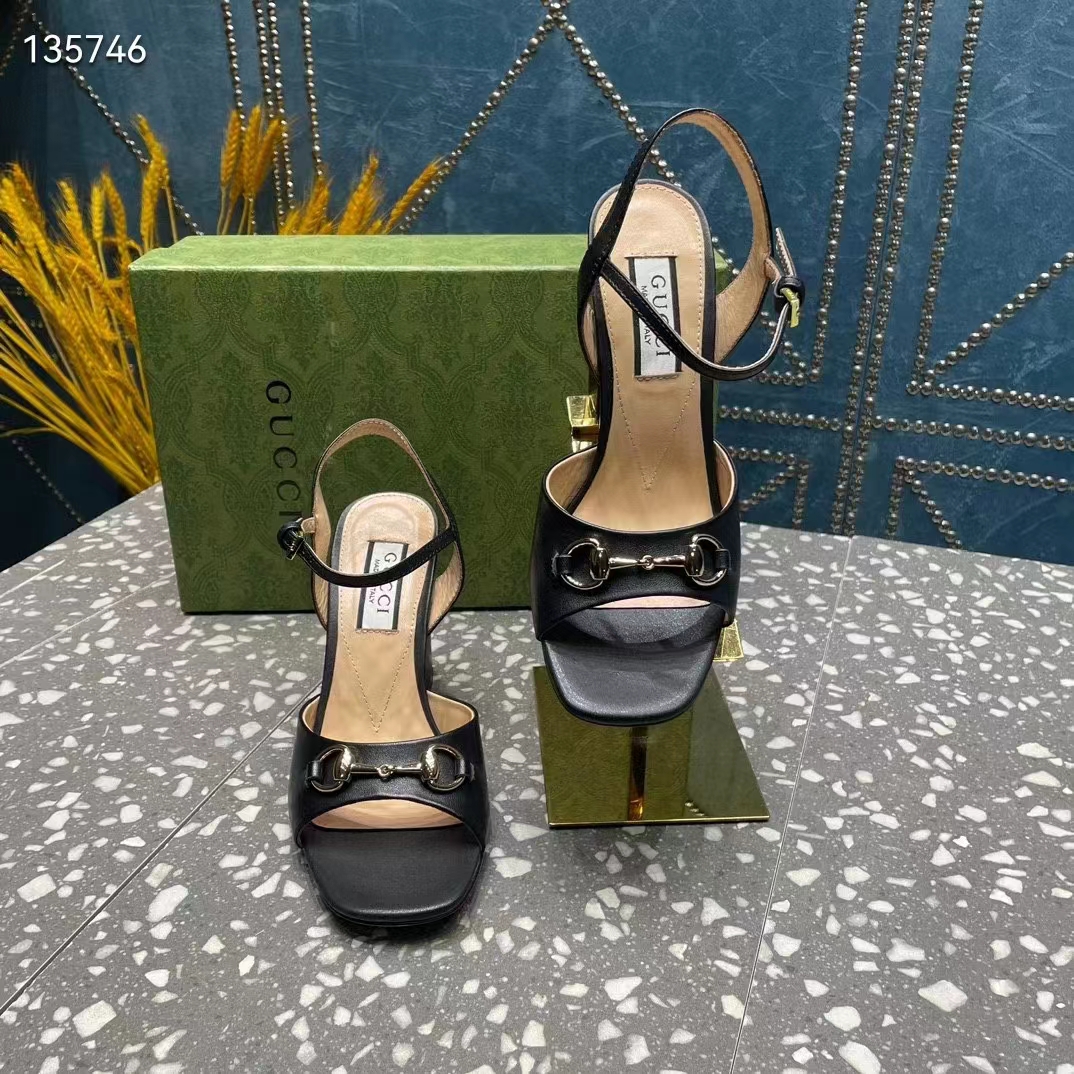 G*u*i women gg horsebit mid-heel sandal black leather sole ankle buckle closure