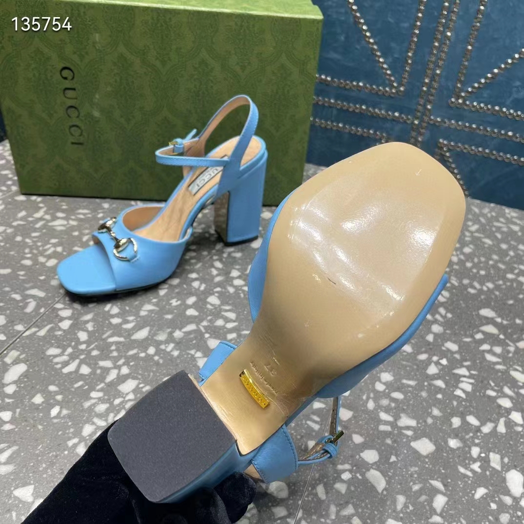 G*u*i women gg horsebit mid-heel sandal blue leather sole ankle buckle closure